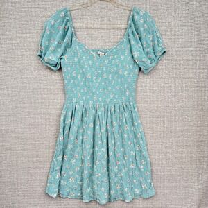 American Eagle Floral Mini Dress Womens‎ Sz S Y2K Fairy Milkmaid Smocked Green